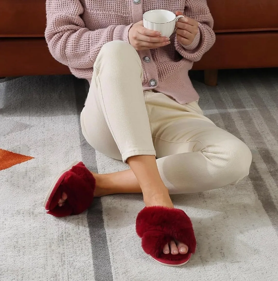 Plush Cross Band Slippers