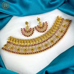 Premium Gold Plated Multicolored Kemp Stone Choker Necklace With Earrings JH1305