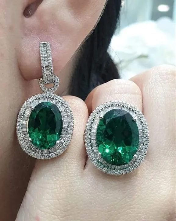 PREORDER | Oval Green Emerald Baguette Paved Gemstones Diamond Jewelry Set 14kt