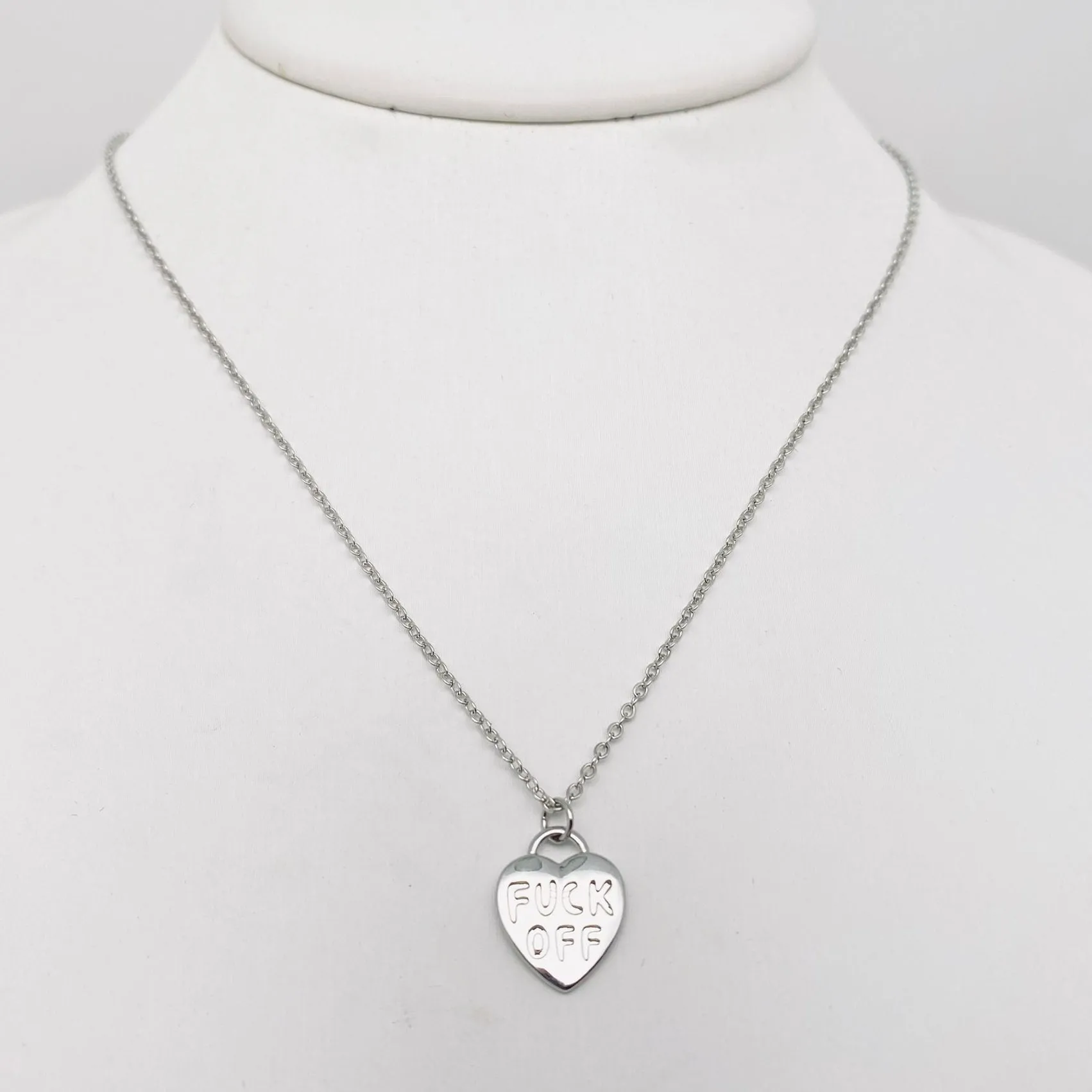 "Fuck Off" Heart Pendant Necklace in Silver