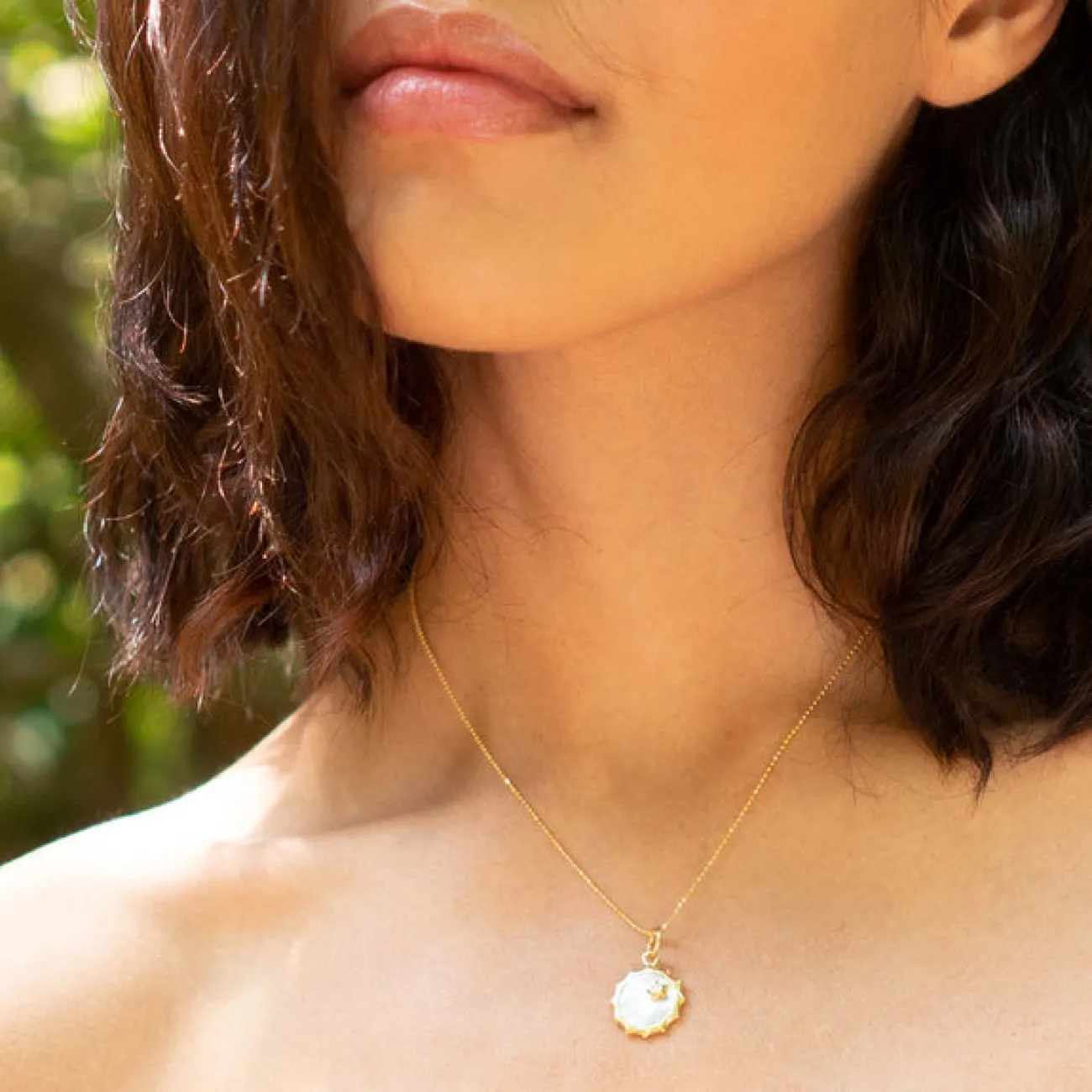 "Happiness" 18K Yellow Gold Mother Of Pearl & Diamond Sun and Star Charm Pendant