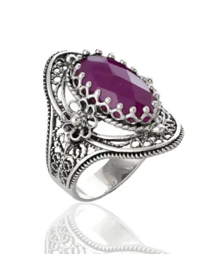 Ruby Corundum Gemstone Sterling Silver Women Statement Ring with Daisy Figures