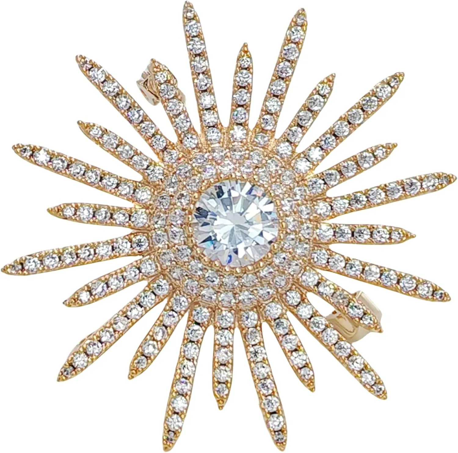 Shinny Gold Tone Micro Pave CZ Round Starburst Pin Brooches Collar Lapel Atomic Jewelry