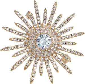 Shinny Gold Tone Micro Pave CZ Round Starburst Pin Brooches Collar Lapel Atomic Jewelry