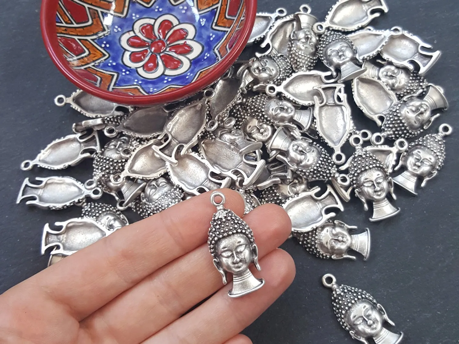 Silver Buddha Charms, Buddha Head, Tibetan Buddha, Buddha Pendant, Yoga Charms, Buddha Face, Silver Buddha Head, Antique Silver Plated 2pc