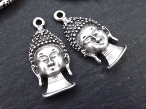 Silver Buddha Charms, Buddha Head, Tibetan Buddha, Buddha Pendant, Yoga Charms, Buddha Face, Silver Buddha Head, Antique Silver Plated 2pc