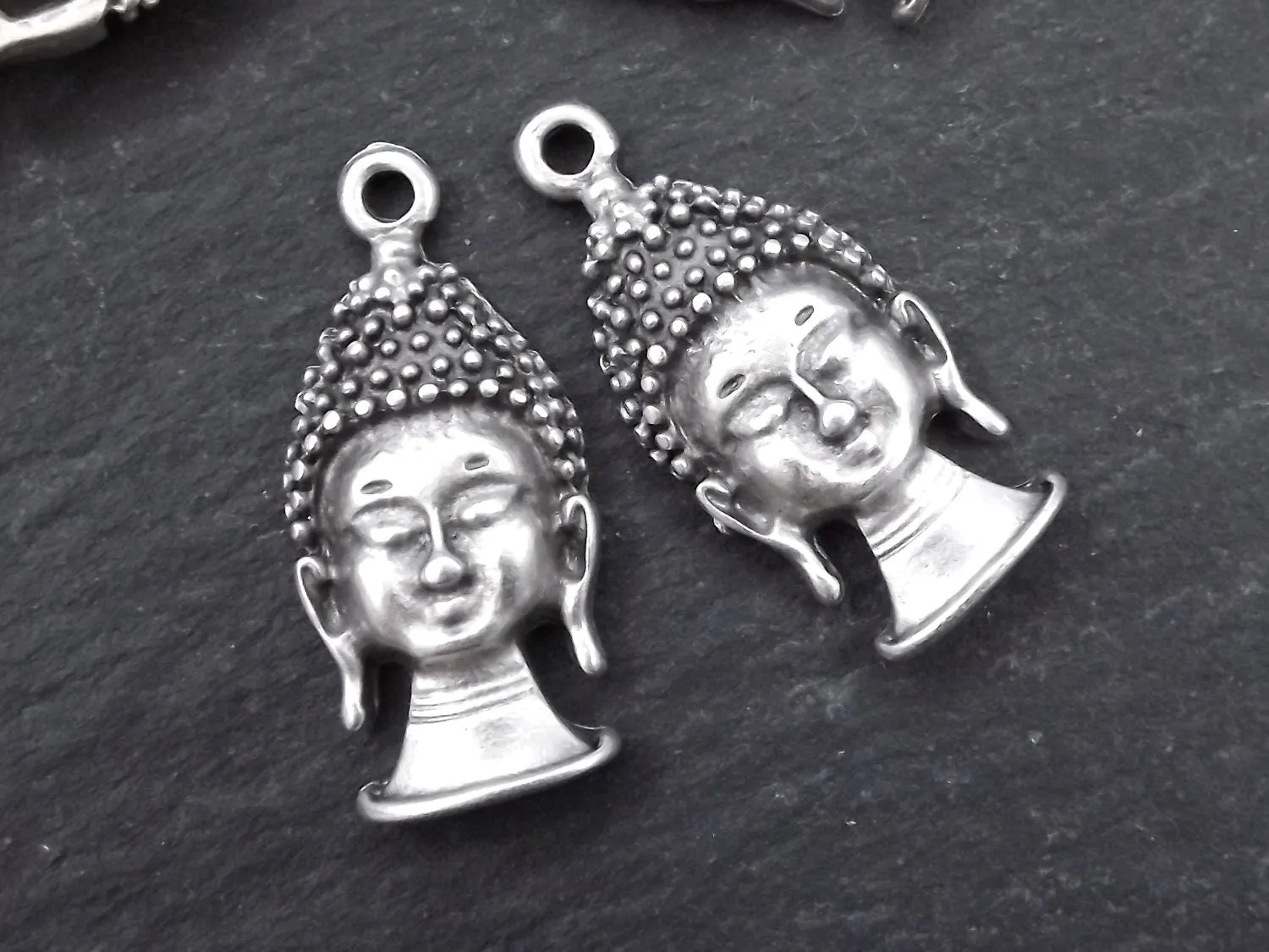 Silver Buddha Charms, Buddha Head, Tibetan Buddha, Buddha Pendant, Yoga Charms, Buddha Face, Silver Buddha Head, Antique Silver Plated 2pc