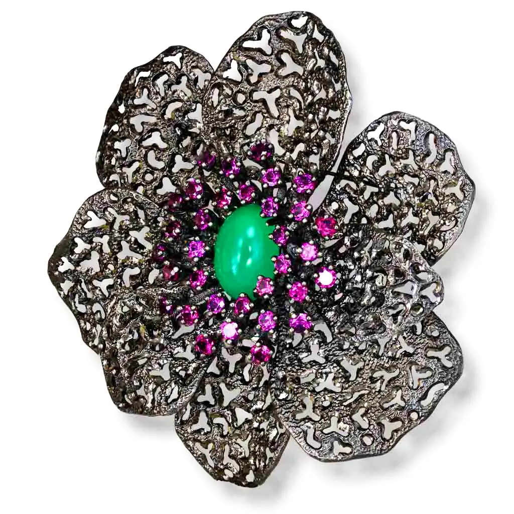 Silver Coronaria Brooch/Pendant with Agate & Garnet