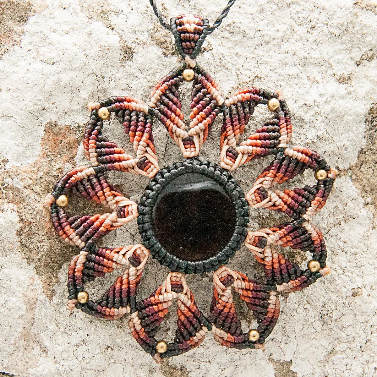 Small Mandala Macrame Pendant with Obsidian Stone