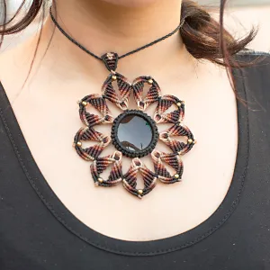 Small Mandala Macrame Pendant with Obsidian Stone