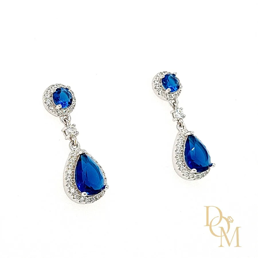 Sterling Silver Double Cluster Sapphire Blue CZ Drop Earrings