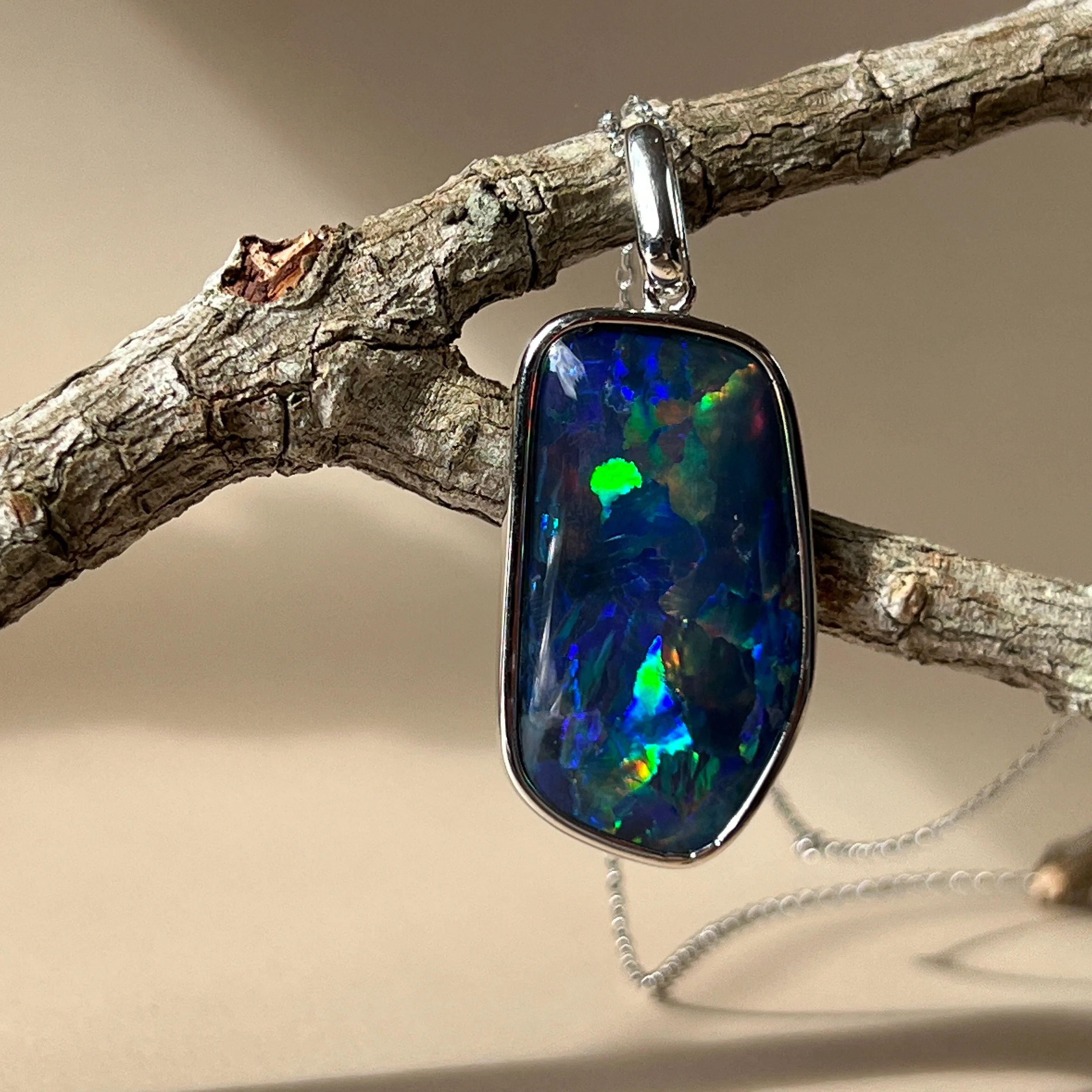 Sterling Silver Freeform Triplet Opal Necklace - 28x15mm Rectangular Pendant, Minimalist Gemstone Jewelry, Ideal Gift for Her