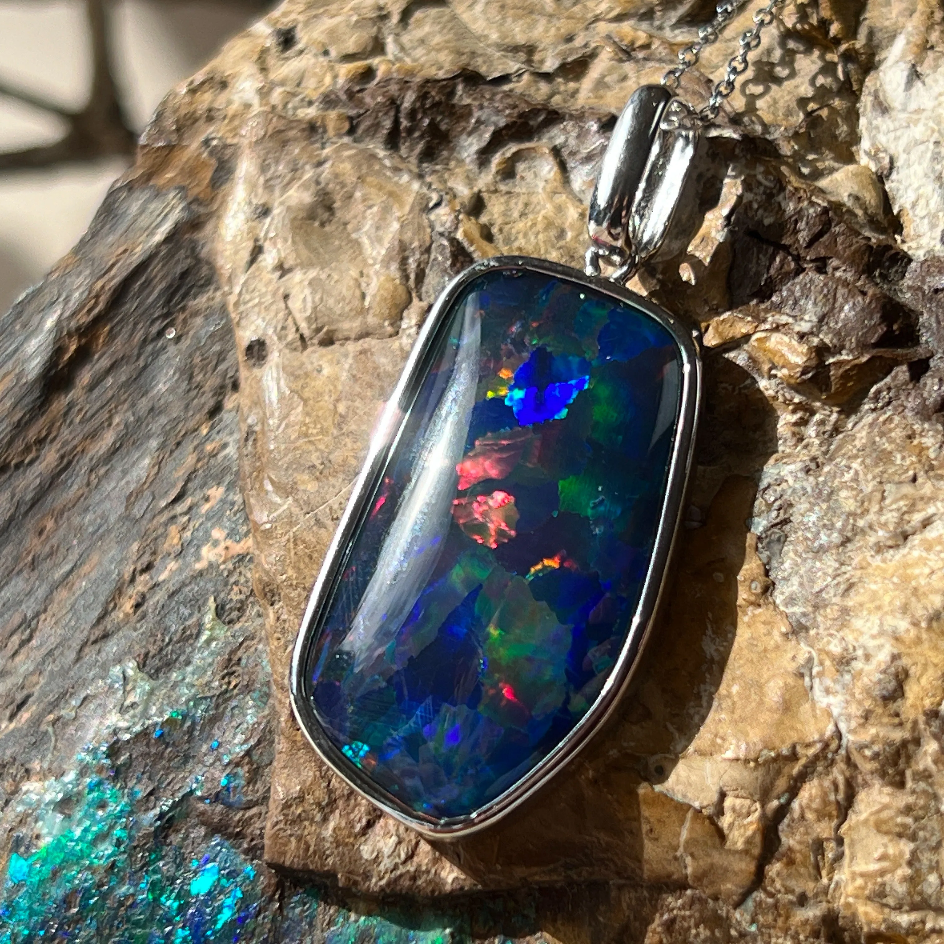 Sterling Silver Freeform Triplet Opal Necklace - 28x15mm Rectangular Pendant, Minimalist Gemstone Jewelry, Ideal Gift for Her