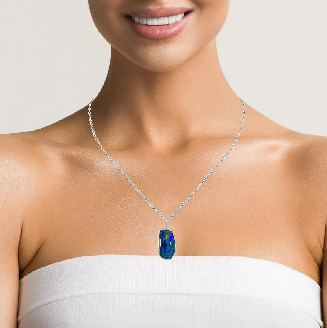 Sterling Silver Freeform Triplet Opal Necklace - 28x15mm Rectangular Pendant, Minimalist Gemstone Jewelry, Ideal Gift for Her