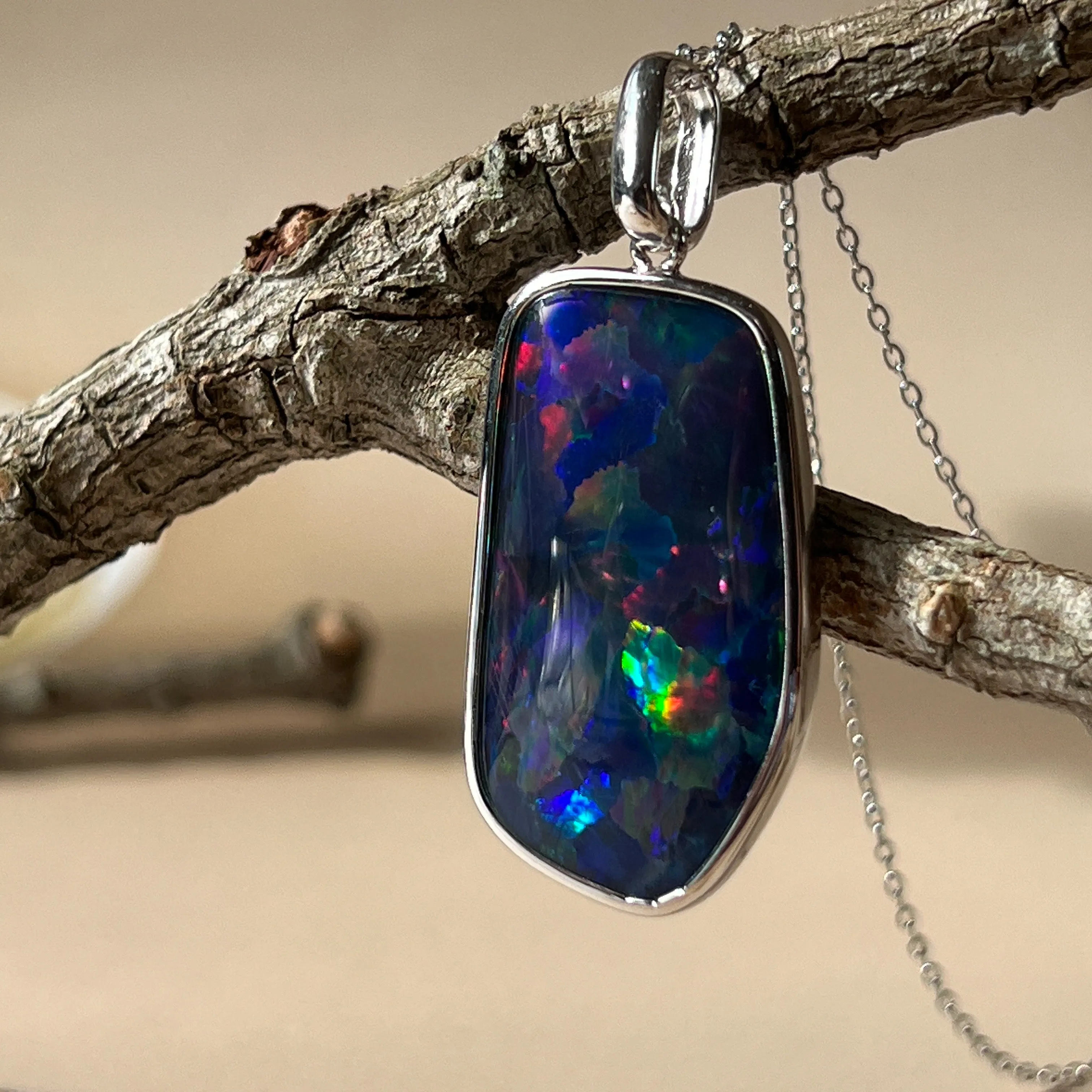 Sterling Silver Freeform Triplet Opal Necklace - 28x15mm Rectangular Pendant, Minimalist Gemstone Jewelry, Ideal Gift for Her