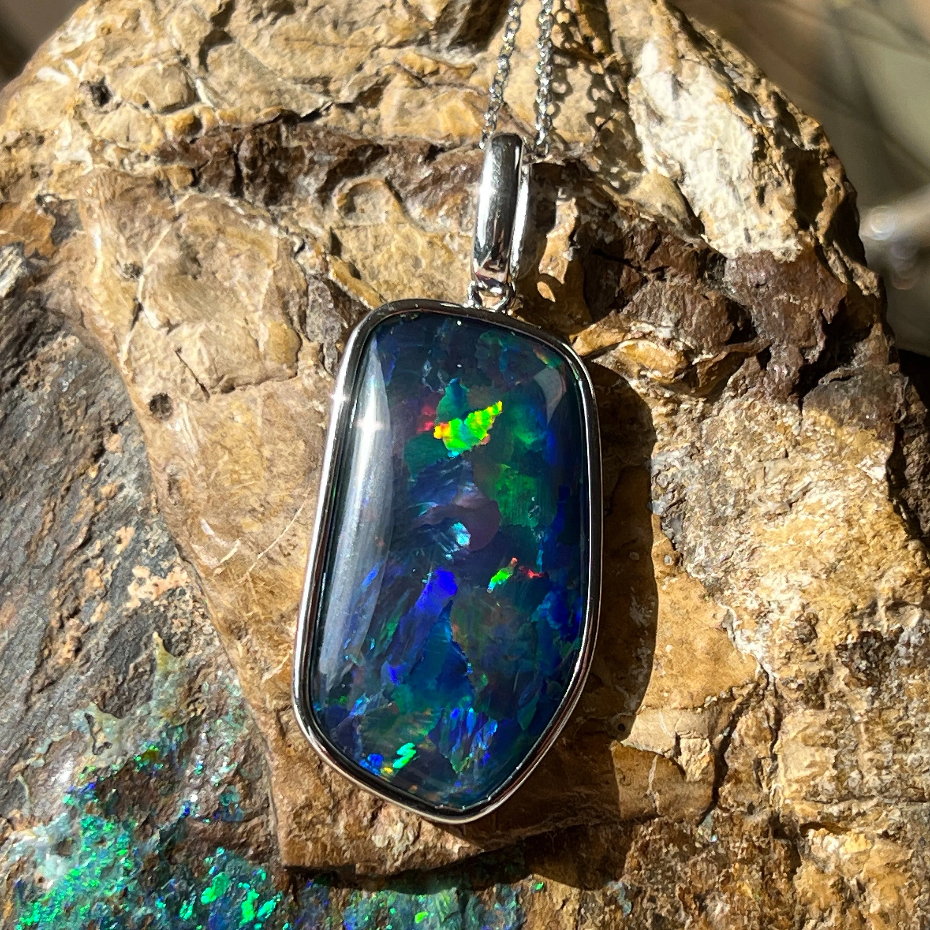 Sterling Silver Freeform Triplet Opal Necklace - 28x15mm Rectangular Pendant, Minimalist Gemstone Jewelry, Ideal Gift for Her