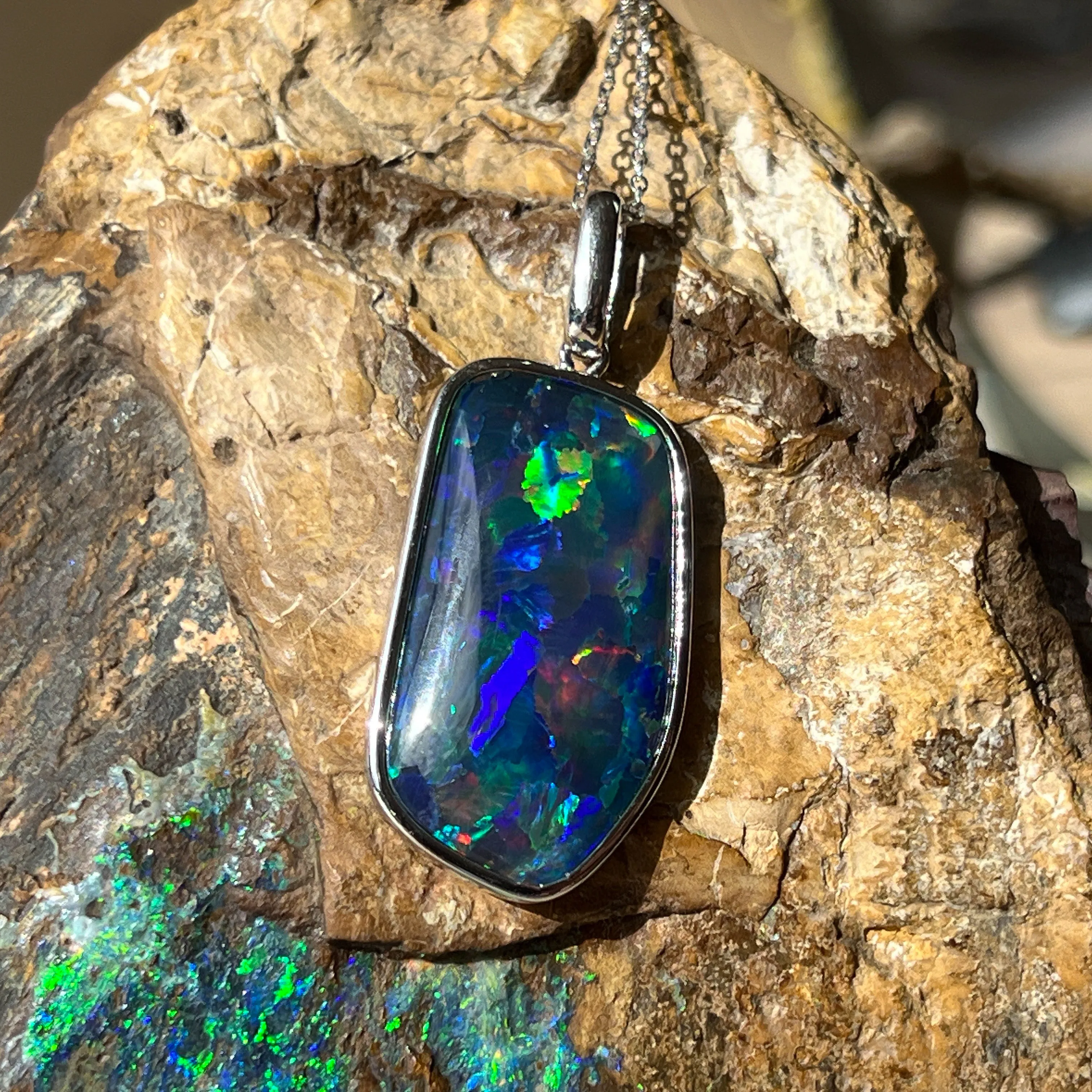 Sterling Silver Freeform Triplet Opal Necklace - 28x15mm Rectangular Pendant, Minimalist Gemstone Jewelry, Ideal Gift for Her