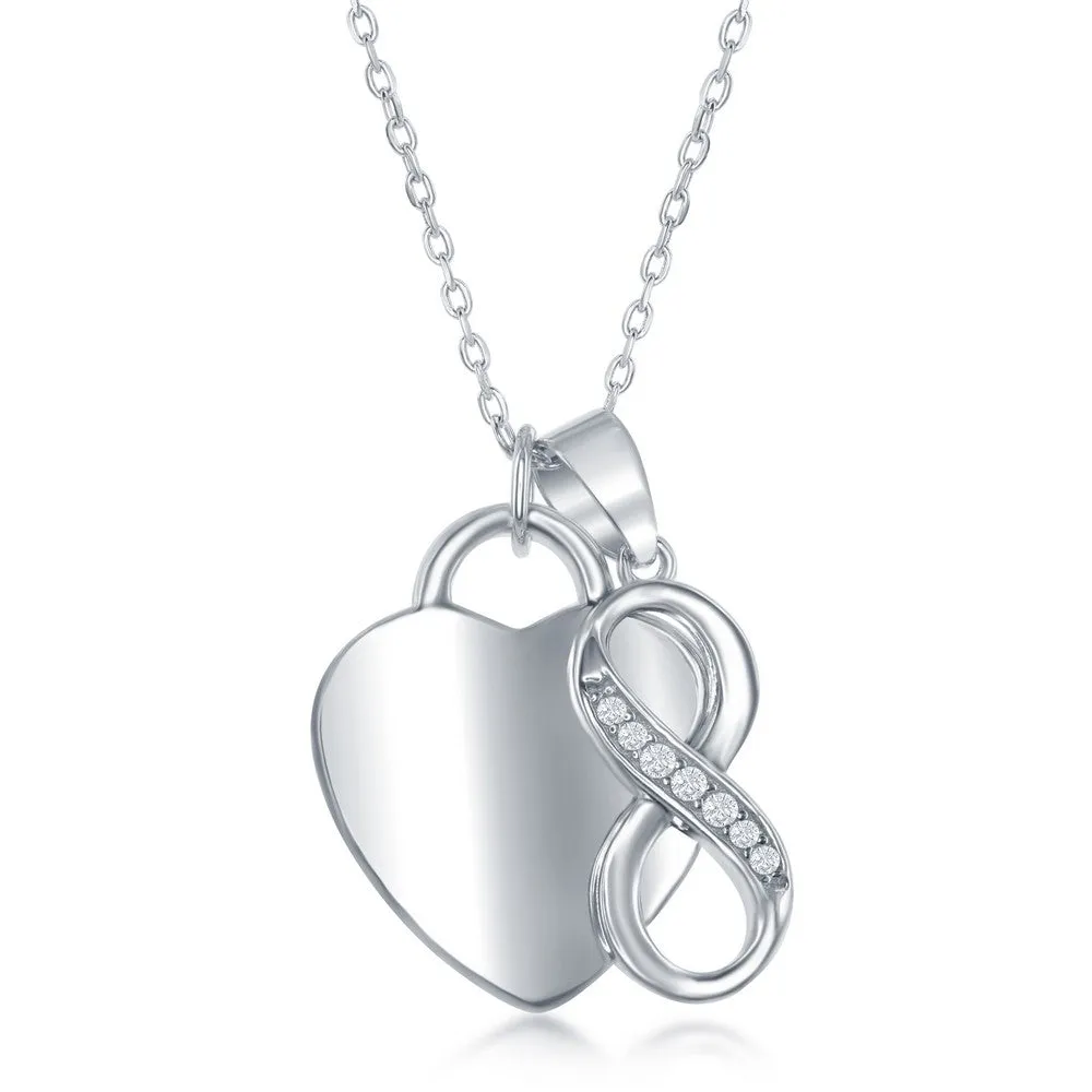 Sterling Silver Shiny Engravable Heart with Small CZ Infinity Necklace