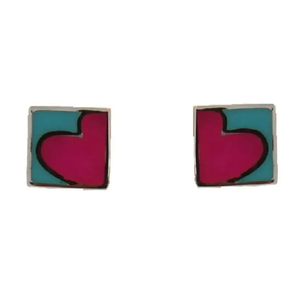 Sterling Silver Turquoise and Fuchsia Heart Square Earrings