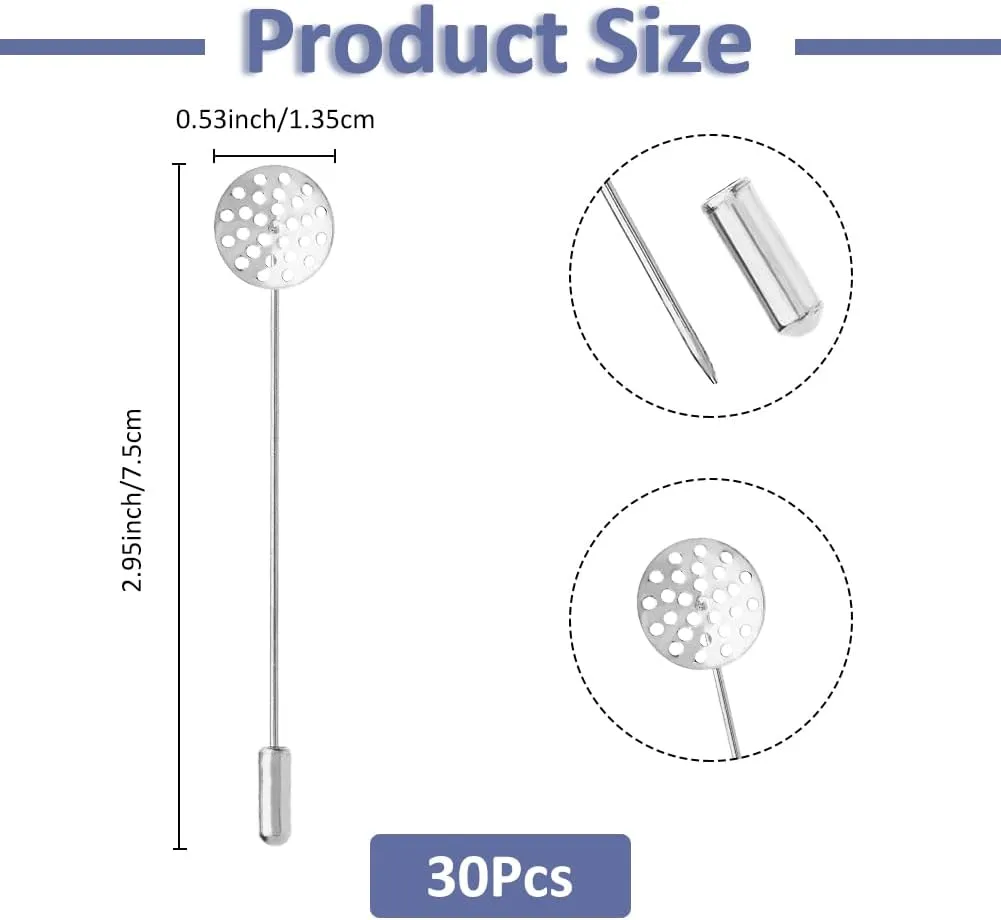 SUPERFINDINGS 30Pcs Sliver Flat Round Tray Lapel Pin Brass Blank Brooch Pin Hat Pins Stick Pins with Tray and Stopper Ends for Men Women Suits Barge Collar Suit Tie DIY Costume Jewelry Making