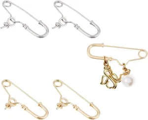 SUPERFINDINGS 4Pcs 2 Colors Safety Pin Brooch Dainty Platinum Golden Safety Pins Pendant Retro Safety Pin Hanging Collar Brooches Pin Brass Brooch Findings for Half Drilled Beads for Women