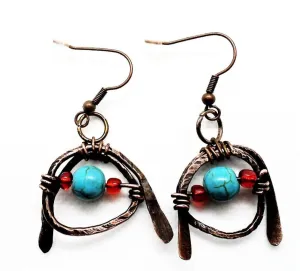Tarnished Solid Copper Unique Wrapped Earrings with Turquoise Howlite & Colorful Glass Bead