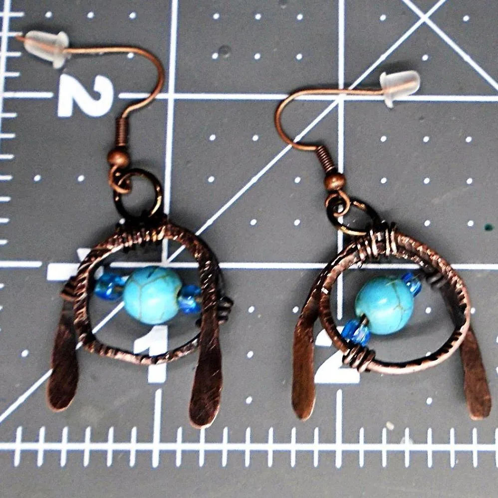 Tarnished Solid Copper Unique Wrapped Earrings with Turquoise Howlite & Colorful Glass Bead