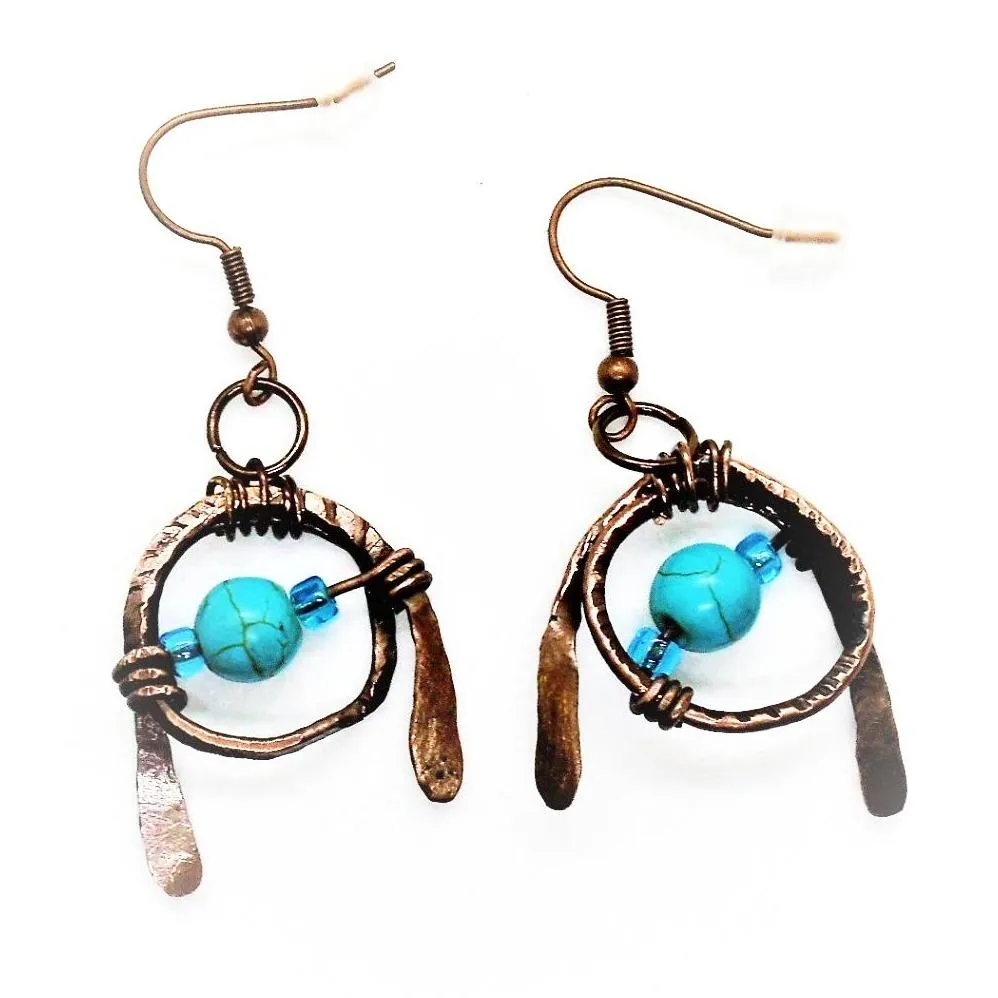 Tarnished Solid Copper Unique Wrapped Earrings with Turquoise Howlite & Colorful Glass Bead