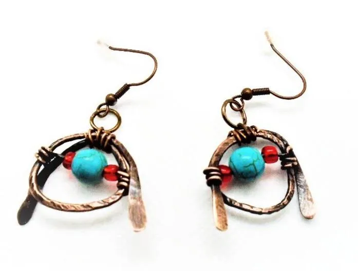 Tarnished Solid Copper Unique Wrapped Earrings with Turquoise Howlite & Colorful Glass Bead
