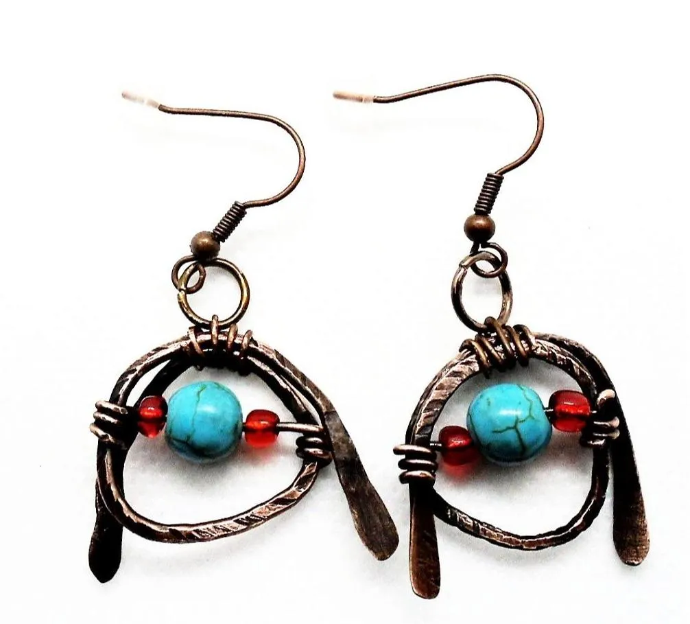 Tarnished Solid Copper Unique Wrapped Earrings with Turquoise Howlite & Colorful Glass Bead