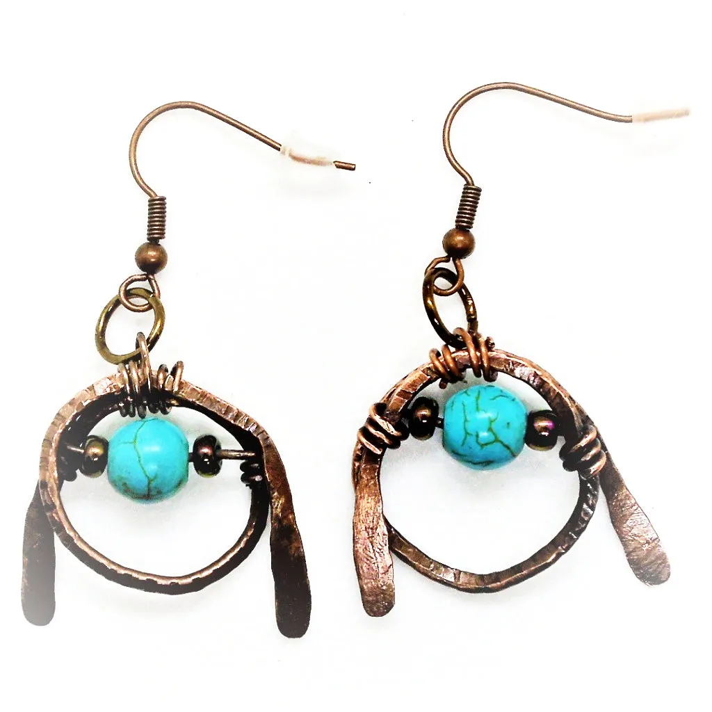 Tarnished Solid Copper Unique Wrapped Earrings with Turquoise Howlite & Colorful Glass Bead