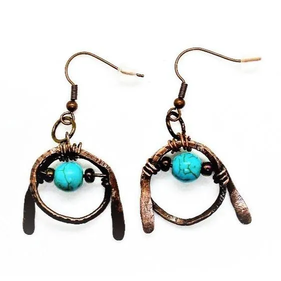 Tarnished Solid Copper Unique Wrapped Earrings with Turquoise Howlite & Colorful Glass Bead