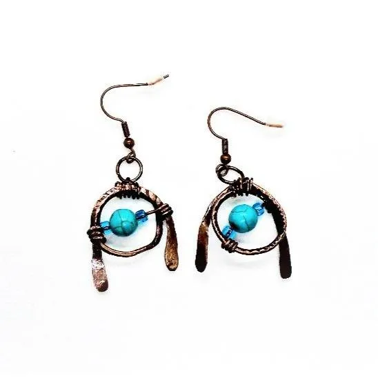 Tarnished Solid Copper Unique Wrapped Earrings with Turquoise Howlite & Colorful Glass Bead