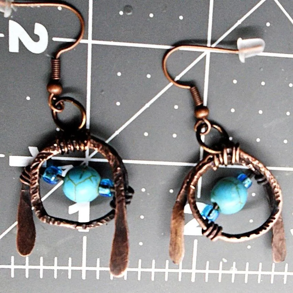 Tarnished Solid Copper Unique Wrapped Earrings with Turquoise Howlite & Colorful Glass Bead