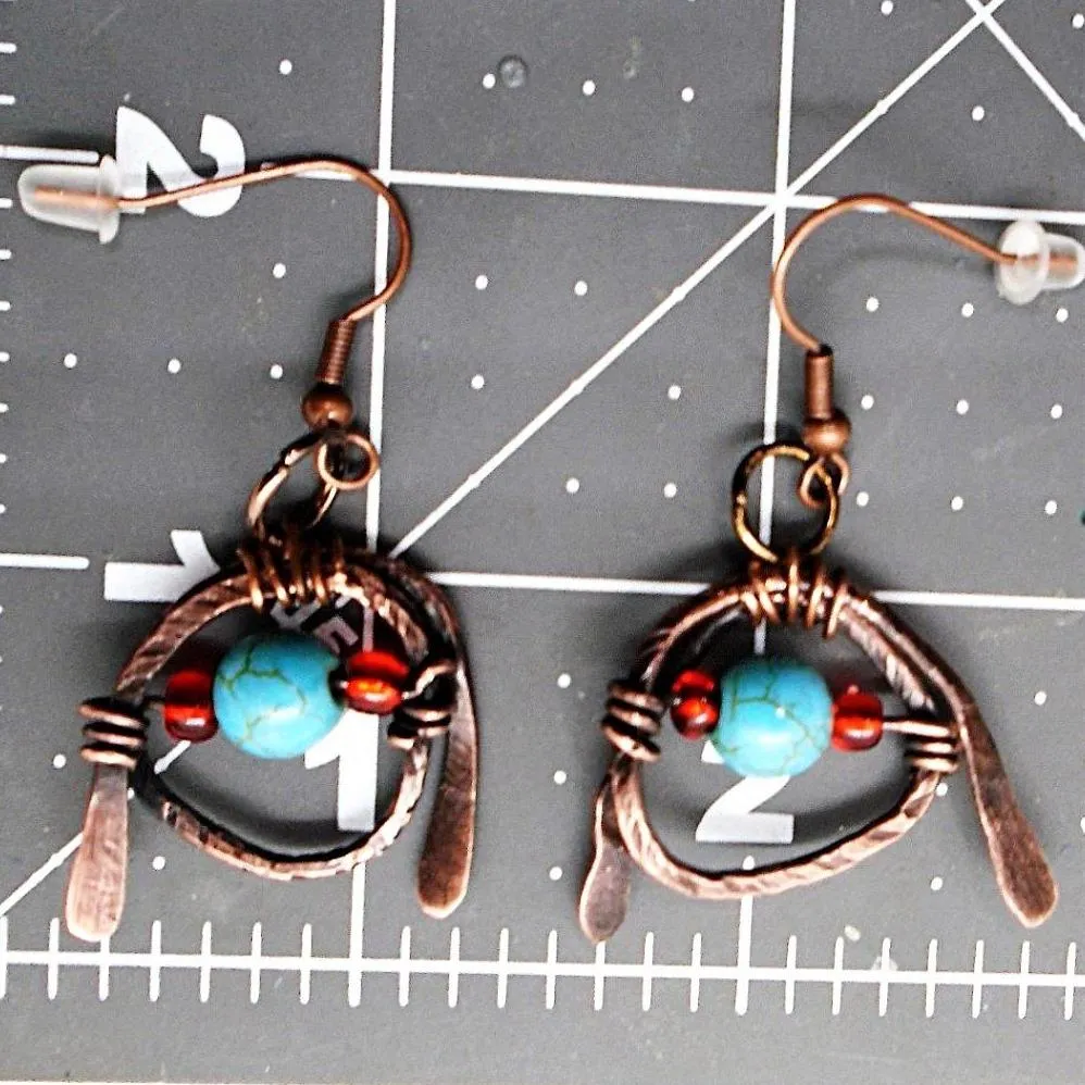 Tarnished Solid Copper Unique Wrapped Earrings with Turquoise Howlite & Colorful Glass Bead