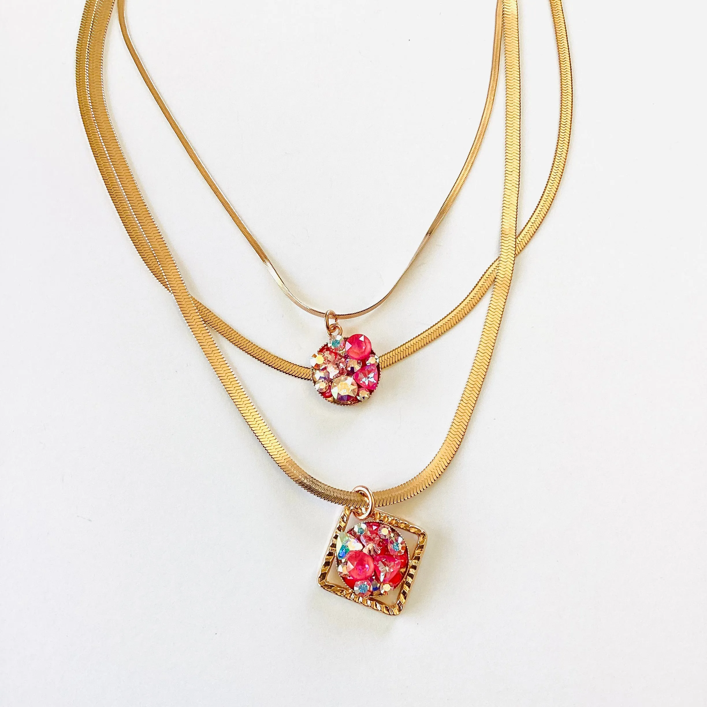 Triple Strand Treasure Chest Medallion Necklace in Ultra Pink Hues