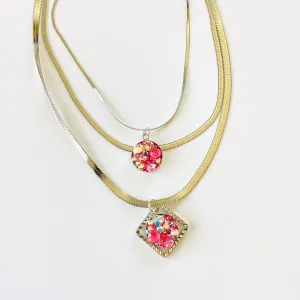 Triple Strand Treasure Chest Medallion Necklace in Ultra Pink Hues
