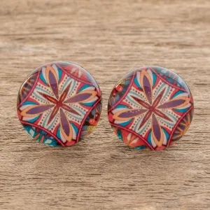 Vibrant Kaleidoscope Multicolored Resin and Paper Stud Earrings from Costa Rica