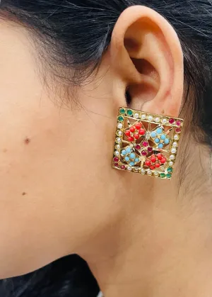 Vibrant Navratan Jadau Square Studs