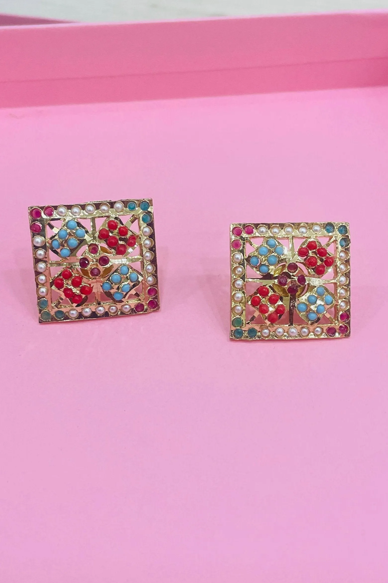 Vibrant Navratan Jadau Square Studs