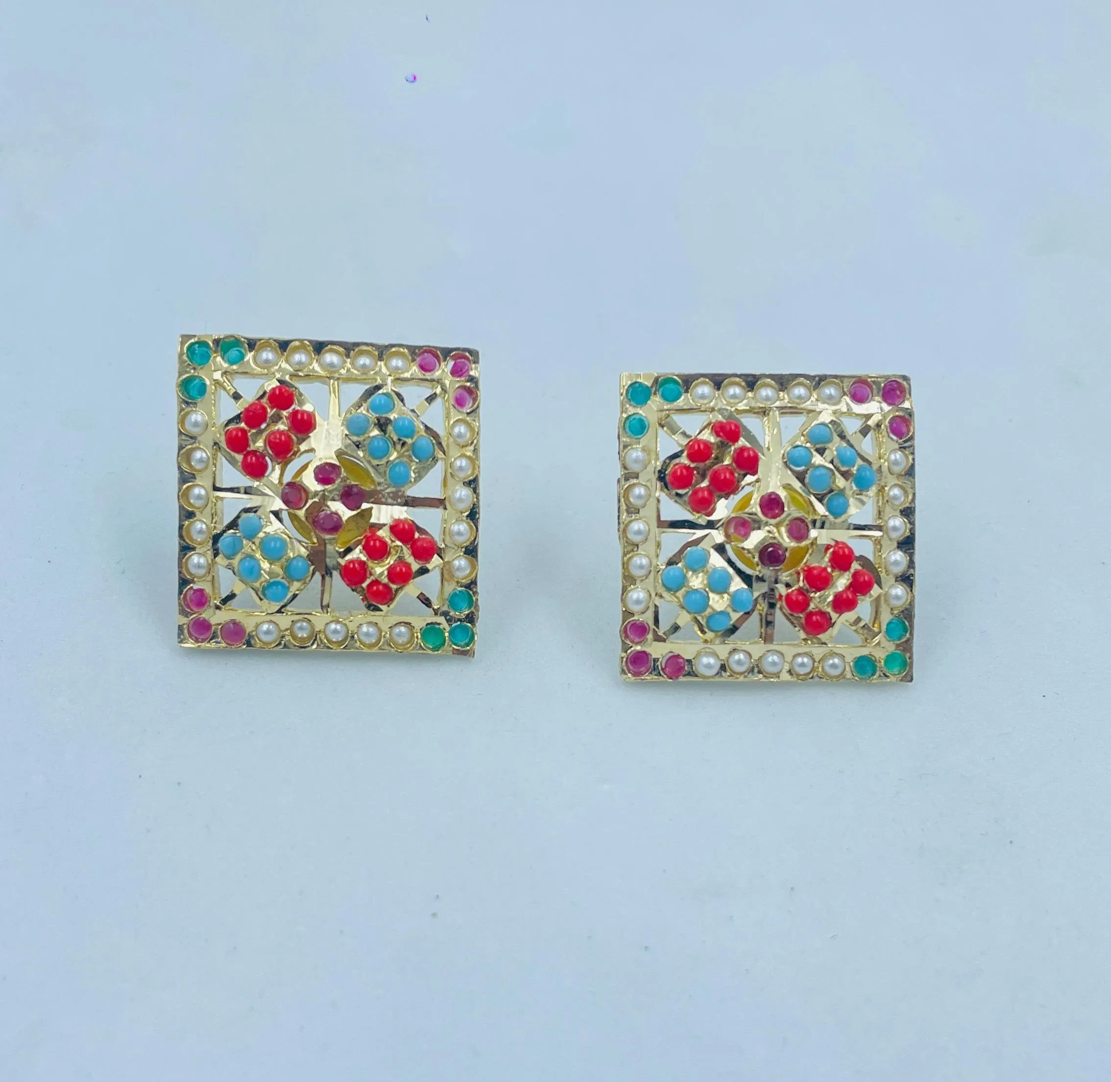 Vibrant Navratan Jadau Square Studs