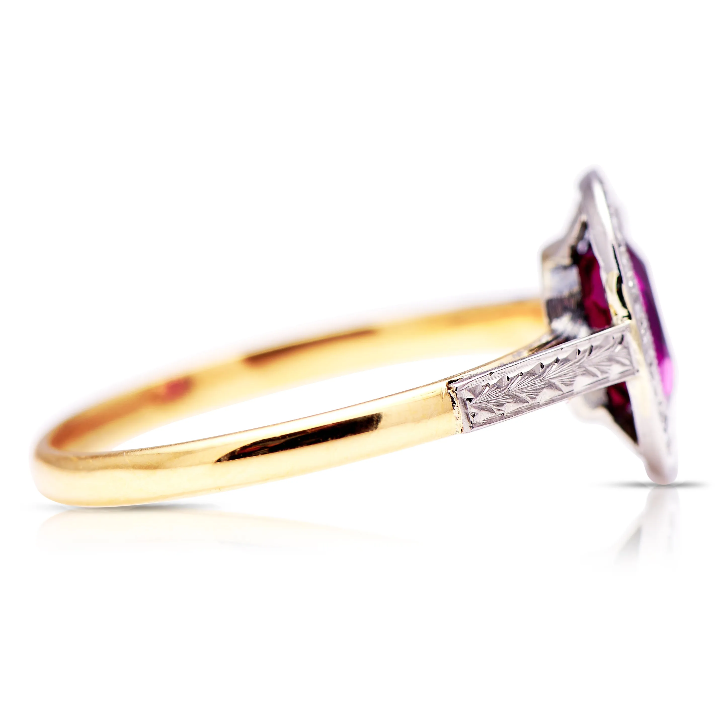 Vintage, Art Deco oval ruby and diamond cluster engagement ring, 18ct yellow gold