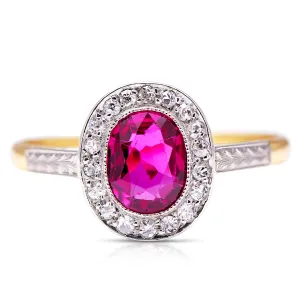 Vintage, Art Deco oval ruby and diamond cluster engagement ring, 18ct yellow gold