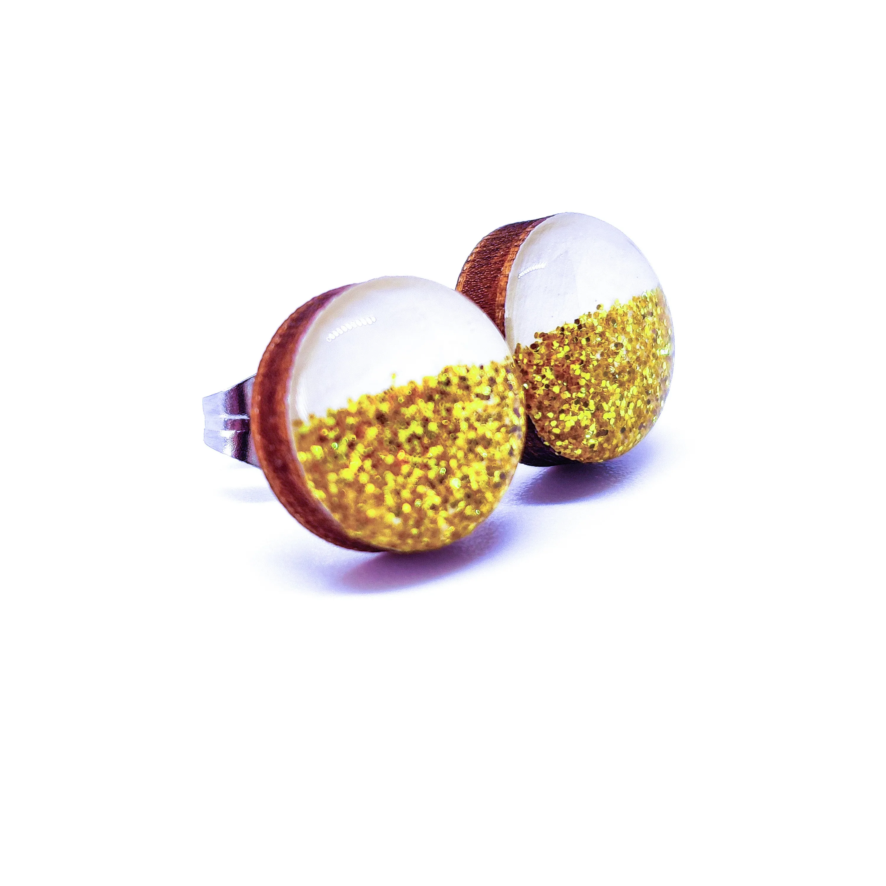 White and Gold Sparkle Stud Earrings by Candi Cove Designs