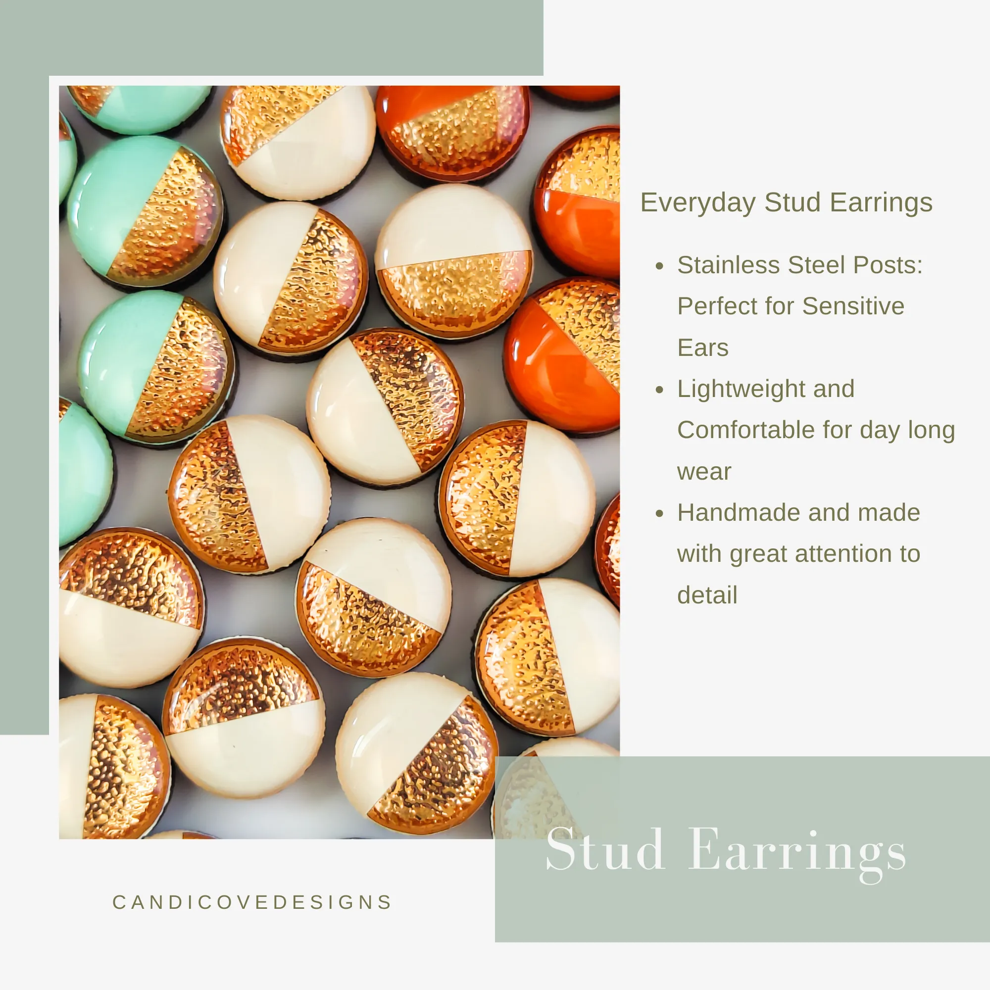 White and Gold Sparkle Stud Earrings by Candi Cove Designs