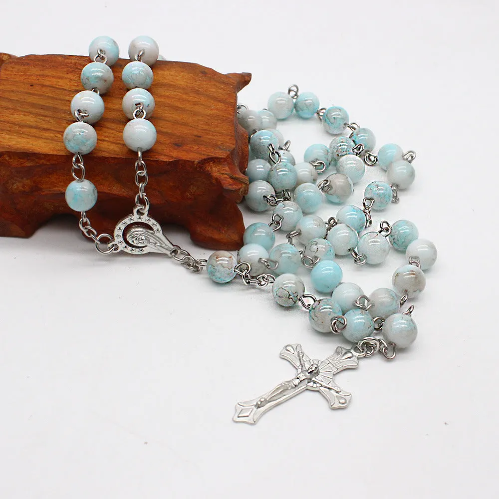 Zebra Blue Rosary Necklace Cross Necklace