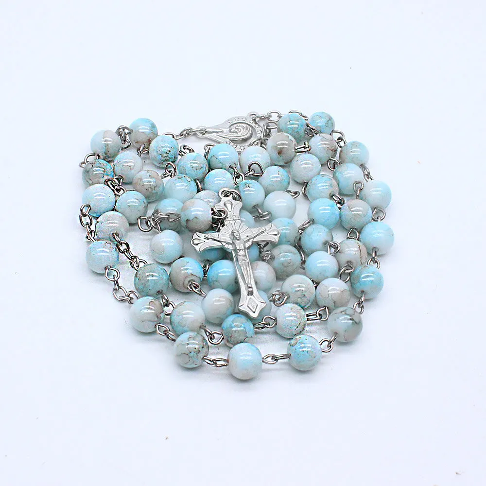 Zebra Blue Rosary Necklace Cross Necklace
